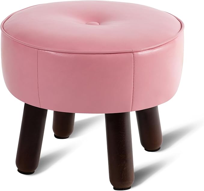 Small Foot Stool Round Pouf Ottoman, 13'' Leather Foot Rest with Non-Skid Rubber Legs, Foolstool Ottomans for Couch, Sofa Footrest Step Stool for Living Room Bedroom Entryway Office, Pink-DeskLoop Office