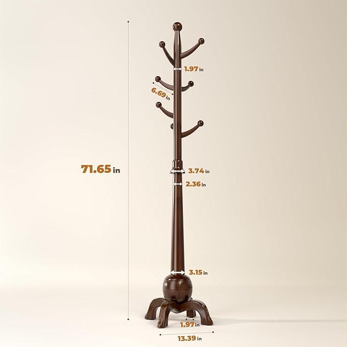 Wood Coat Rack Freestanding, Solid Wooden Hall Tree with 8 Hooks, Coat Tree Freestanding Heavy Duty with Stable Base, Entryway Hallway Bedroom Office Use, 240lbs Load Capacity H:71.6in (Walnut)-DeskLoop Office