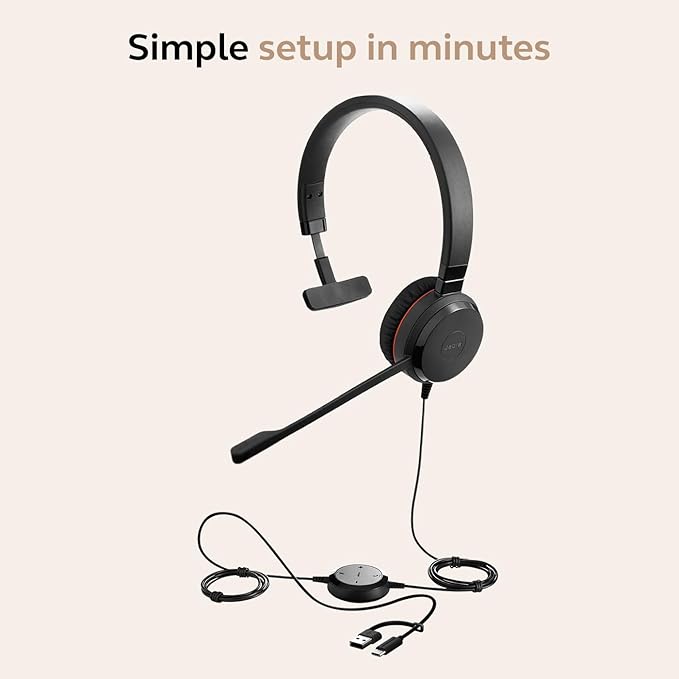 Jabra Evolve 30 II Wired Single-Ear Headset with Mic for Work - 3.5mm Jack, USB-A/USB-C Connectivity, Computer Headset with Noise-Cancelling Microphone, Microsoft Teams Certified, Call Control - Black-DeskLoop Office