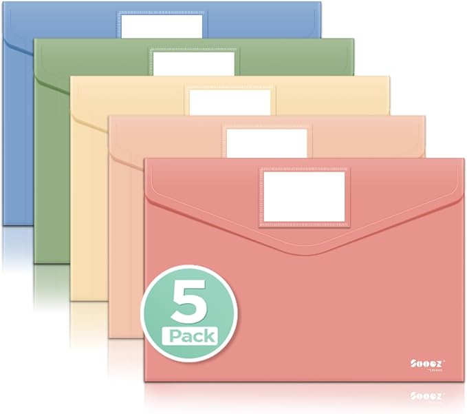 Sooez 5 Pack Plastic Envelopes, Plastic File Folder, Folders by Sooez