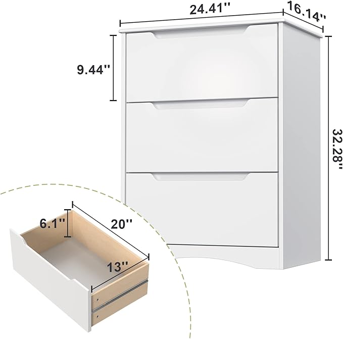 Gizoon 3 Drawers Chest, Bedroom Drawer Dresser with Large Storage Capacity, Embedded Handle, and Sturdy Anti-Tripping Device, Modern Design Cabinet for Hallway, Office, Living Room (White)-DeskLoop Office