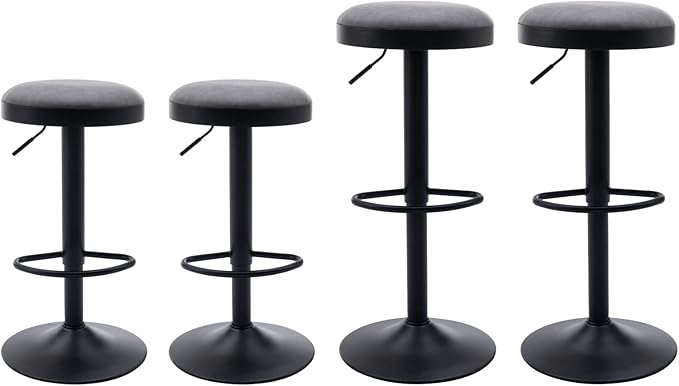 Round Swivel Counter Height Bar Stools Set of 4 Modern Adjustable Barstools Backless PU Leather Bar Chairs Industrial Island Chairs with Metal Base/Footrest for Kitchen Island/Pub/Bar, Grey-DeskLoop Office