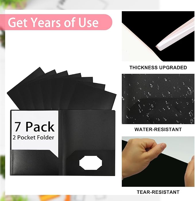 Black Folders with Pocket 7 Pack, 2 Pocket Folders, Plastic Folders with Pockets - Image 3