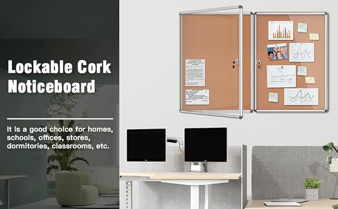 2 Pack 38"x28" Enclosed Bulletin Board, Lockable Weather-Resistant Aluminum Cork Noticeboard for School & Office, Silver Frame w/Cork-DeskLoop Office