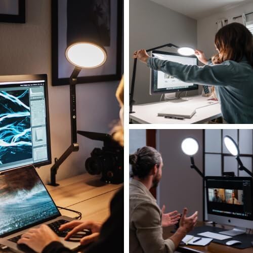 LUME CUBE Edge Light 2.0 LED Black Desk Lamp | Dimmable Home Office Desk Light with USB Charging Port & Strong Swing Arm | Adjustable Color Temperature and Brightness | Circle Webcam Light-DeskLoop Office
