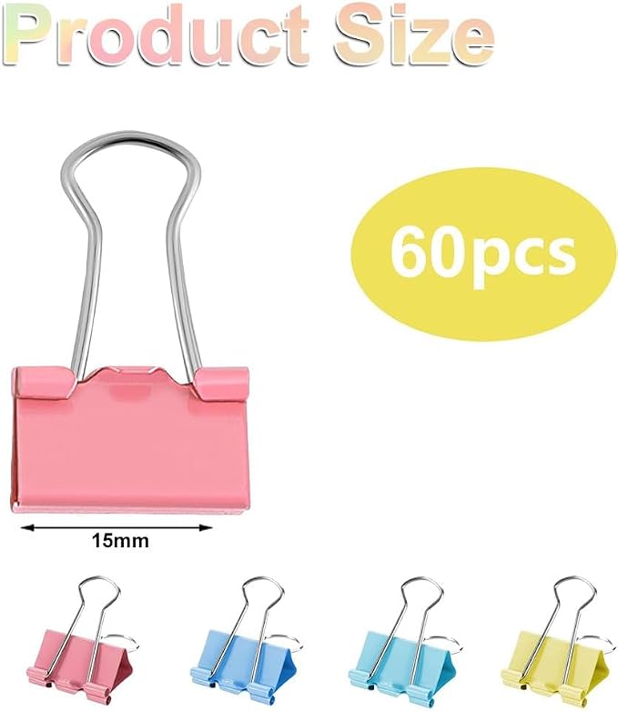 60Pcs Binder Clips, 15mm Small Bulldog Clips, Colored Metal Foldback Clips - Image 2