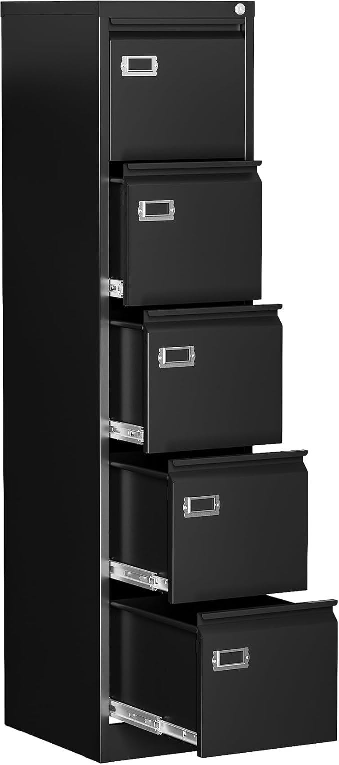 5 Drawer File Cabinet, Filing Cabinets for Home Office, Vertical File Cabinet with Lock, 61.6" H Locking File Cabinet for A4 Legal/Letter, Assembly Required (Black)-DeskLoop Office