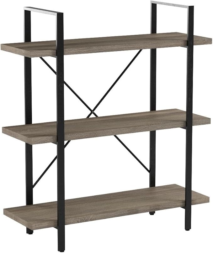 HSH 3-Shelf Bookcase, Rustic Gray 3 Tier Bookshelf, Vintage Industrial Wooden and Metal Display and Storage Bookshelves Tower for Home Office Livingroom Bedroom Light Grey Oak-DeskLoop Office