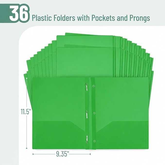 Mr. Pen- Plastic Folders with Pockets and Prongs, 36 Pack, Letter Size | Green - Image 2