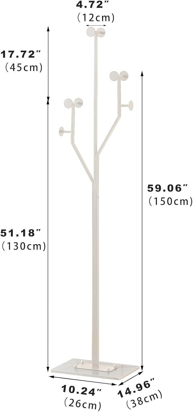 Heavy Duty Coat Rack Tree-shaped Metal Freestanding Coat Tree with Sturdy Marble Base Corner Coat Rack for Bedroom Entryway Hallway 14.96 x 10.24 x 68.9 Inches (White)-DeskLoop Office