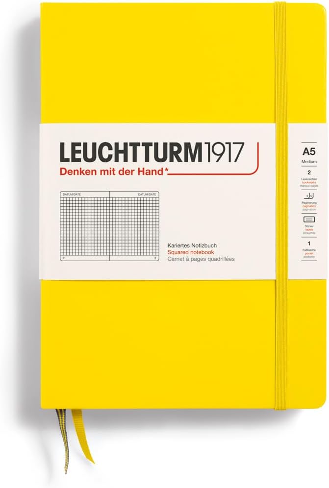 LEUCHTTURM1917 - Notebook Hardcover Medium A5-251 Numbered Pages for Writing and Journaling (Lemon, Squared)-DeskLoop Office