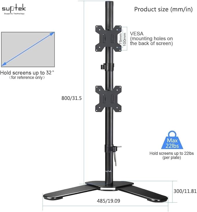 Suptek Dual LED LCD Monitor Stand up Free-Standing Desk Mount for 2 / Two Screens up to 32 inch Extra Tall 31.5 inch Pole Heavy Duty Fully Adjustable Stand Vertical Array (ML6802)-DeskLoop Office