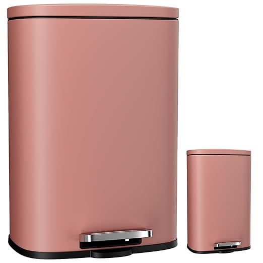 Arlopu 13.2+1.3 Gallon Step Trash Can, Stainless Steel Garbage Bin, Soft-Close Rubbish Bin with Removable Plastic Inner Bucket, Fingerprint-Proof, Lid Dustbin, for Kitchen Home (Pink)