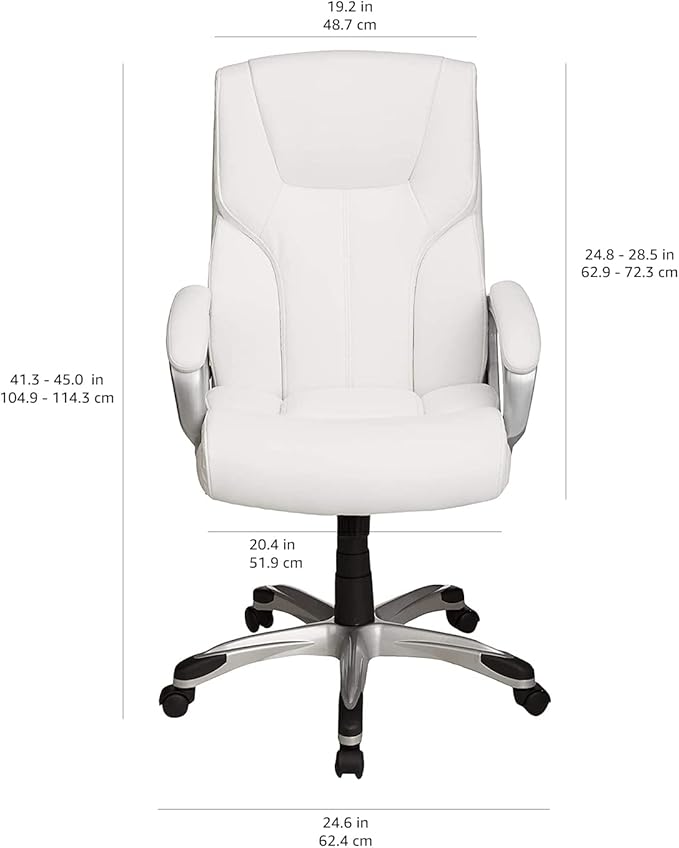 Amazon Basics Executive Home Office Desk Chair with Padded Armrests, Adjustable Height and Tilt, Rolling Swivel Chair, 275 Pound Capacity, White and Pewter-DeskLoop Office