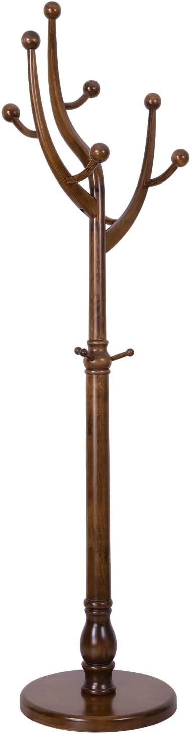 Wood Coat Rack Coat Tree Freestanding with Hooks, Heavy Duty Standing Coat Rack with Solid Round Base, 74” Tree Shaped Coat Hanger Stand for Clothes, Hat, Jacket, Entryway Bedroom, Walnut-DeskLoop Office