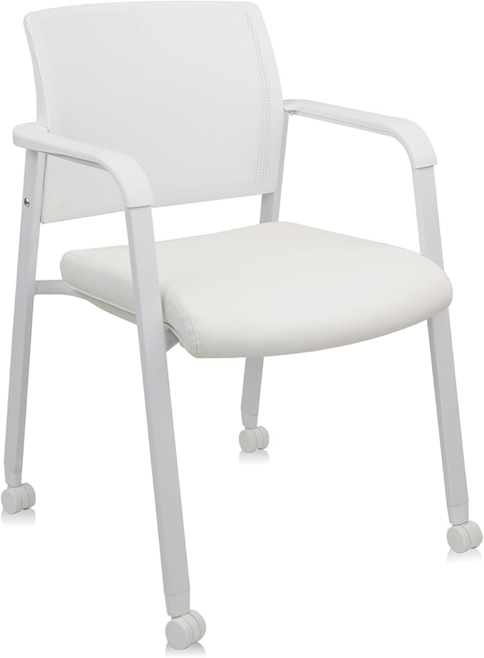 CLATINA Stacking Office Chairs with Wheels | Mesh Back, Thicken Leather Seat and Streamline Armrests, Ergonomic Lumber Support | School, Desk, Guest Reception, Waiting, Conference, White-DeskLoop Office