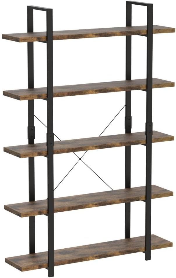 FRAPOW 5 Tier Bookshelf, 70 inch Tall Solid Bookcase Industrial Wooden Bookshelves Large Wall Etagere Rustic Vintage Book Shelf with Metal Frame Open Storage Rack for Living Room Home Office-DeskLoop Office