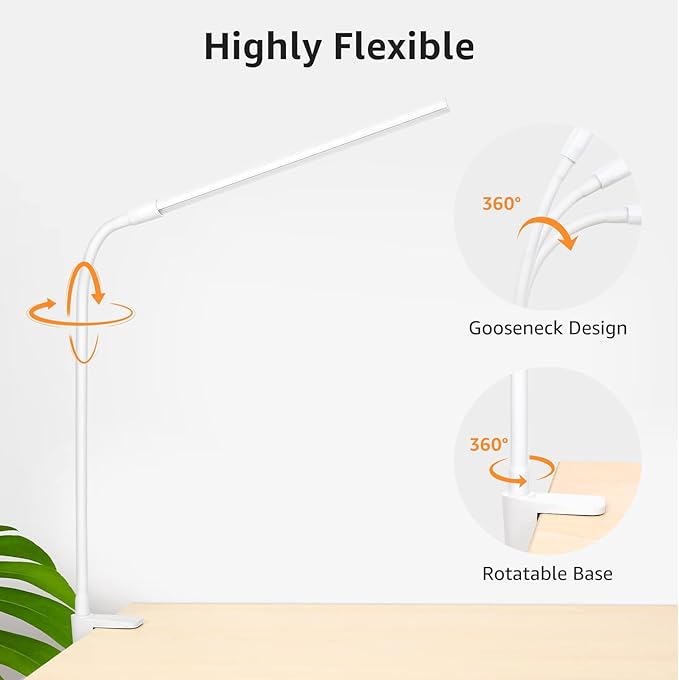 Lepro Small Desk Lamp with Clamp, LED Reading Lamps with 450LM, 3 Color Modes 10 Brightness, Dimmable USB Clip on Desk Light with Gooseneck Swing Arm for Nail, Home Office and Dorm (White)-DeskLoop Office