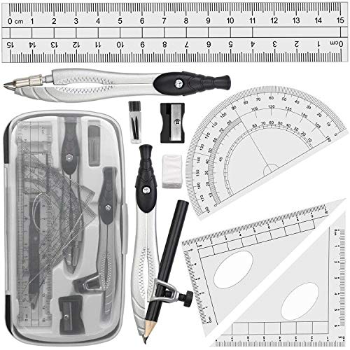 Professional Geometry Compass Set, Starter Compass Set Includes 2 Drafting Compasses, Protractor, 2 Set Squares, Ruler in Storage Box, Back-to-School Math Supplies for Students, Black-DeskLoop Office