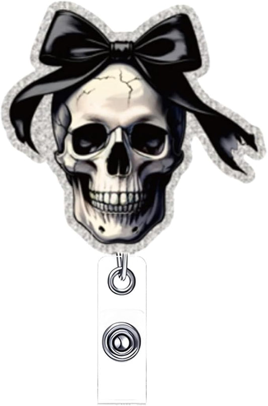 Halloween Skull Badge Reel Retractable for Nurse Nursing Student Medical Worker & Office Staff Acrylic Alligator Clip Badge Reel Halloween Skeleton with Bow ID Card Badge Holder Gifts-DeskLoop Office