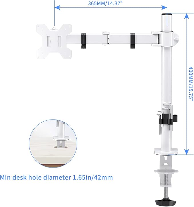 Suptek Single Monitor Arm Desk Mount Fully Adjustable Monitor Stand for 1 / One Screen up to 13" to 32" Extra Tall 15.75 inch Pole,VESA 75x75mm or 100x100mm,White (MD9421W)-DeskLoop Office
