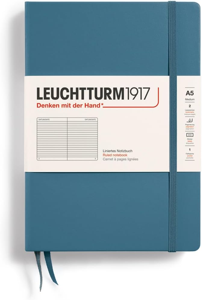 LEUCHTTURM1917 - Notebook Hardcover Medium A5-251 Numbered Pages for Writing and Journaling (Stone Blue, Ruled)-DeskLoop Office