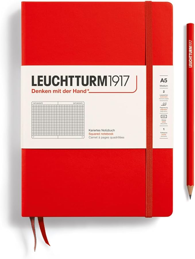 LEUCHTTURM1917 - Notebook Hardcover Medium A5-251 Numbered Pages for Writing and Journaling (Red, Squared)-DeskLoop Office