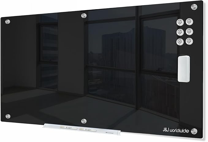 J&J worldwide Glass Whiteboard 6' x 4', Magnetic Black Glass Dry Erase Board, Black White Board Frameless, Includes Markers, Magnets, Marker Tray, Eraser for Wall, Office, Home, School-DeskLoop Office