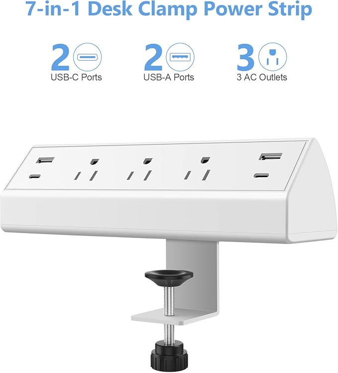 Jgstkcity Desk Clamp Power Strip,40W Total Fast Charging Station,2 PD 20W USB C Ports,Desk Edge Mount Surge Protector for Home, Office,3 Outlets,Fit 1.96" Tabletop Edge,ETL Listed,White-DeskLoop Office