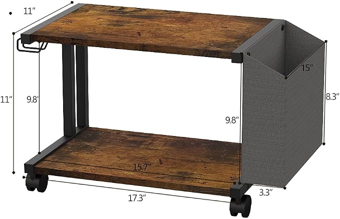 VEDECASA 2 Tier Rustic Brown Wooden Under Desk Printer Stand - Image 3