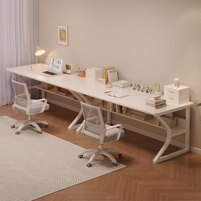 Extra Long Desk with Bookshelf - 63" Double Long Writing Table for 2-Person Workstation, Modern Study Work Computer Desk for Home and Office, Warm White-DeskLoop Office