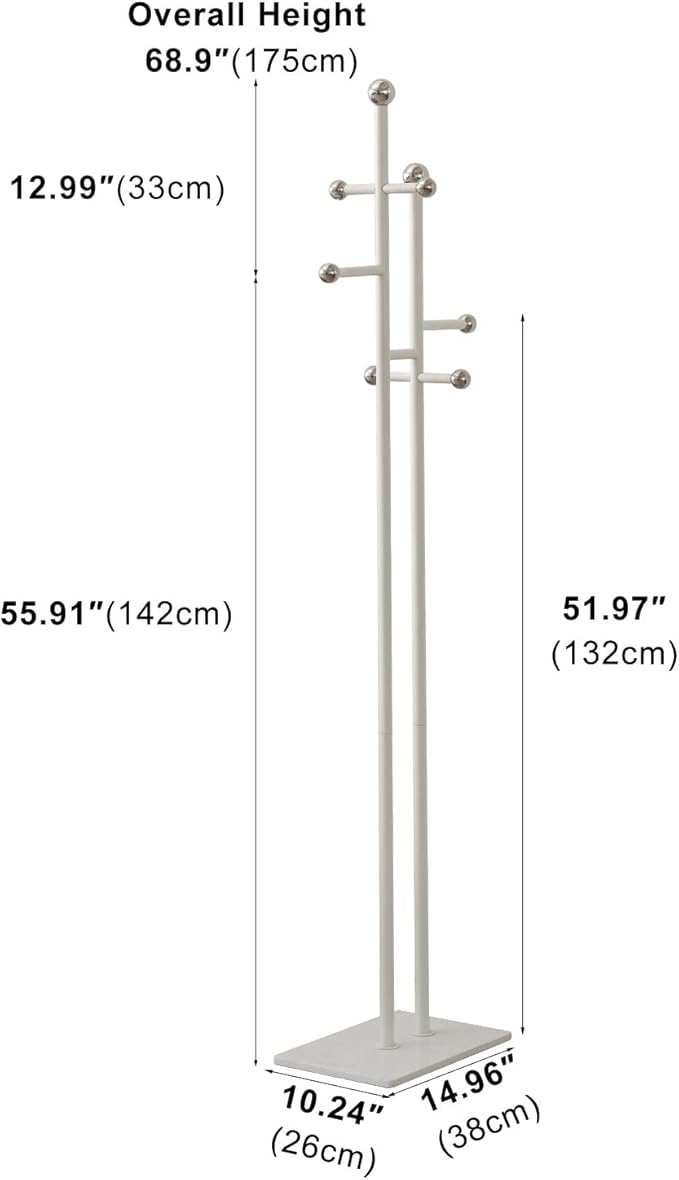Free Standing Coat Rack with Marble Base & 8 Steel Hooks Clothes Rack for Entryway Bedroom Living Room Hotel 14.96 x 10.24 x 68.9 Inches (White)-DeskLoop Office