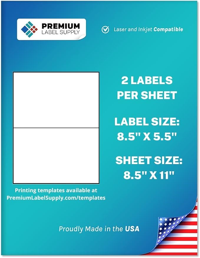 Premium Label Supply White Sticker Half Sheet Labels – 8.5" x 5.5" – by PremiumLabelSupply
