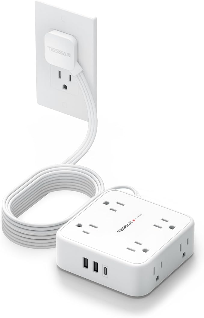 Extension Cord with Multiple Outlets, TESSAN 10 FT Surge Protector Power Strip Flat Plug, 8 AC Outlets, 900J 3 USB Ports (1 USB C), Desk Charging Station with Protection for Home, Office, Dorm Room-DeskLoop Office