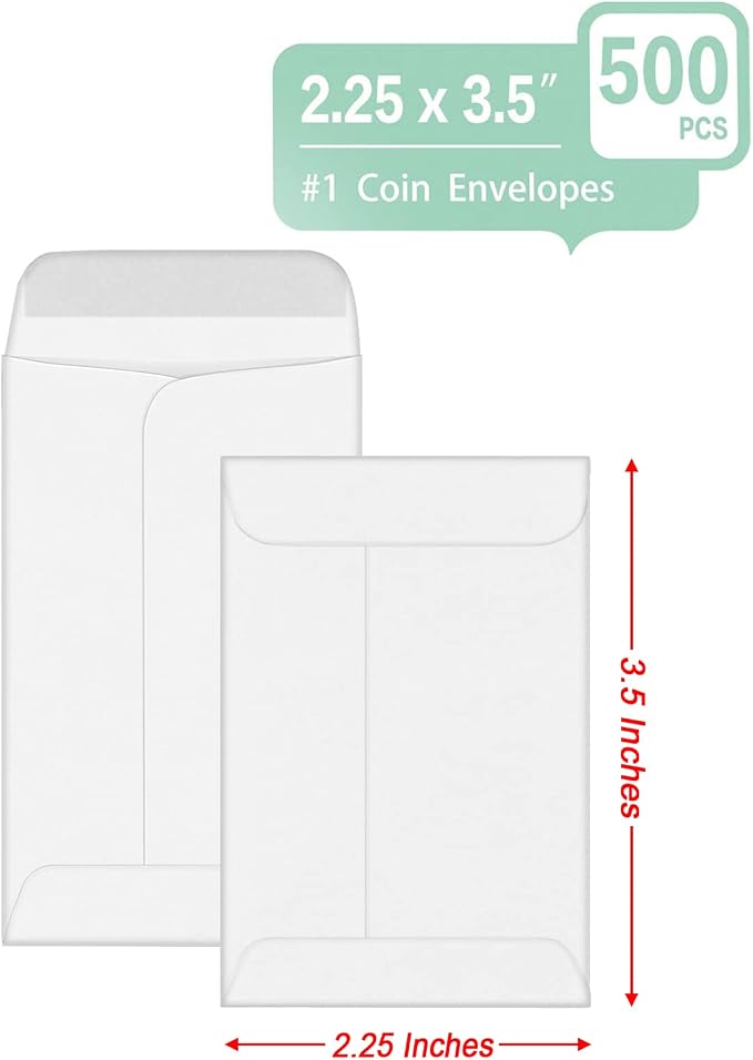 Xxcxpark 500 PCS #1 Coin Envelopes, 2-1/4'' x 3-1/2'' inches White Kraft - Image 3
