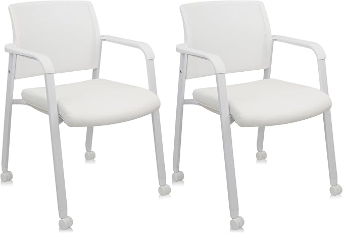 CLATINA Stacking Office Chairs | Mesh Back, Thicken Leather Seat and Arms, Ergonomic Lumber Support | Guest Reception, Waiting, Conference, School, Party, Customer, Side, Stationary | Set of 2, White-DeskLoop Office