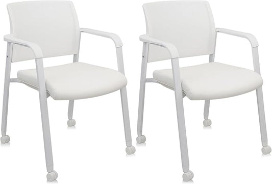 CLATINA Stacking Office Chairs | Mesh Back, Thicken Leather Seat and Arms, Ergonomic Lumber Support | Guest Reception, Waiting, Conference, School, Party, Customer, Side, Stationary | Set of 2, White-DeskLoop Office