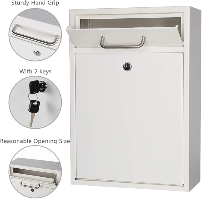 KYODOLED Steel Key Lock Mail Boxes Outdoor, Locking Wall Mount Mailbox, Security Key Drop Box, Collection Boxes,16.2H x 11.22L x 4.72W Inches, White X Large-DeskLoop Office