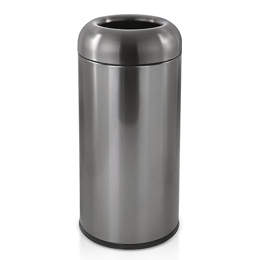 WICHEMI 16 Gallon Commercial Large Trash Can, Bullet Outdoor Trash Bin with Open Top Lid, Brushed Stainless Steel Garbage Can, Black