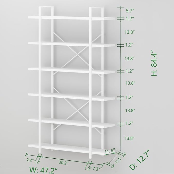 HSH 6 Tier Tall White Bookshelf, Industrial Modern Vertical Metal and Wood White Bookcases 6 Shelf,Farmhouse Open Large Storage Book Shelves & Display Book Shelf for Bedroom Living Room Office-DeskLoop Office