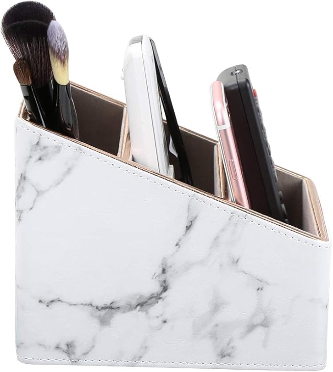 KINGFOM Remote Control Holder with 3 Compartments, Pu Leather Remote Caddy Desktop Organizer for TV, CD, Blu-Ray, Media Player, Heater Controllers and Cosmetics Office Supplies (White Marble)-DeskLoop Office