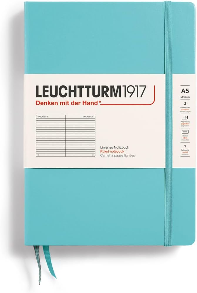 LEUCHTTURM1917 - Notebook Hardcover Medium A5-251 Numbered Pages for Writing and Journaling (Aquamarine, Ruled)-DeskLoop Office
