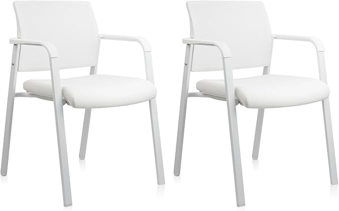 CLATINA Stacking Office Chairs | Mesh Back, Thicken Leather Seat and Arms, Ergonomic Lumbar Support | Guest Reception, Waiting, Conference, School, Party, Customer, Side, Stationary | Set of 2, White-DeskLoop Office