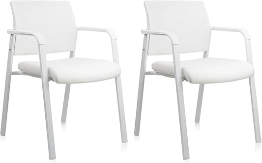 CLATINA Stacking Office Chairs | Mesh Back, Thicken Leather Seat and Arms, Ergonomic Lumbar Support | Guest Reception, Waiting, Conference, School, Party, Customer, Side, Stationary | Set of 2, White-DeskLoop Office