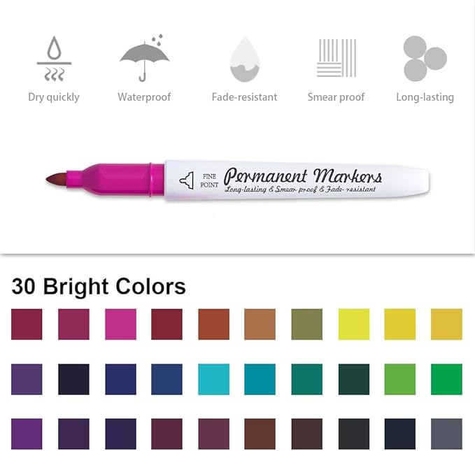 Lelix 30 Colors Permanent Markers, Fine Point, Assorted Colors, Works on Plastic,Wood,Stone,Metal and Glass for Kids Adult Coloring Doodling Marking-DeskLoop Office