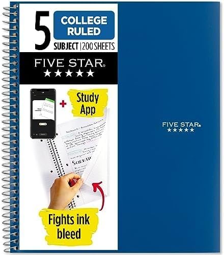 Five Star Spiral Notebook + Study App, 5 Subject, College Ruled Paper, 8-1/2" x by FiveStar