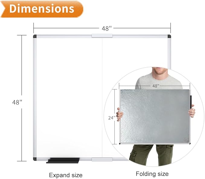 VIZ-PRO Magnetic Foldable Whiteboard, 48 x 48 Inches, Dry Erase Wall Mounted - Image 2