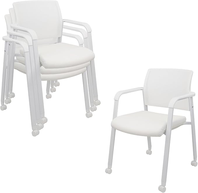 CLATINA Stacking Office Chairs with Wheels | Mesh Back, Thicken Leather Seat and Streamline Armrests, Ergonomic Lumber Support | School, Desk, Guest Reception, Waiting, Conference | Set of 4, White-DeskLoop Office