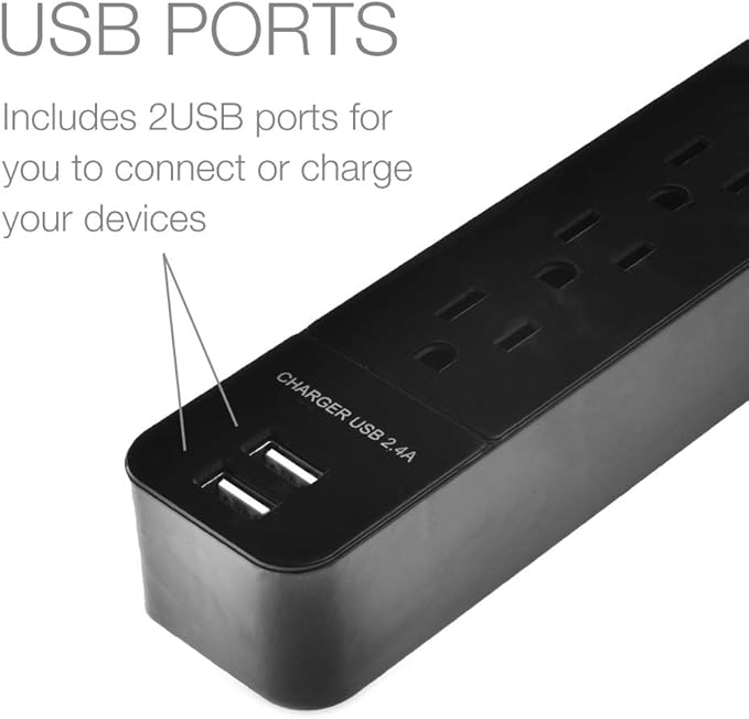 Digital Energy 6-Outlet + 2 USB 1050 Joule Surge Protector Power Strip with 15-Ft Long Extension Cord, Black, UL Listed-DeskLoop Office