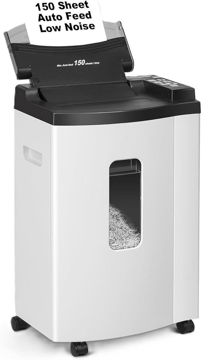 150 Sheet Auto-Feed Paper Shredder, Micro Cut P-5 Super High Security (5/64 x 19/32 inches), Large 6-Gallon Bin, 20 Mins Continuous Run, 55dB Ultra-Quiet for Home Office Use, White-DeskLoop Office